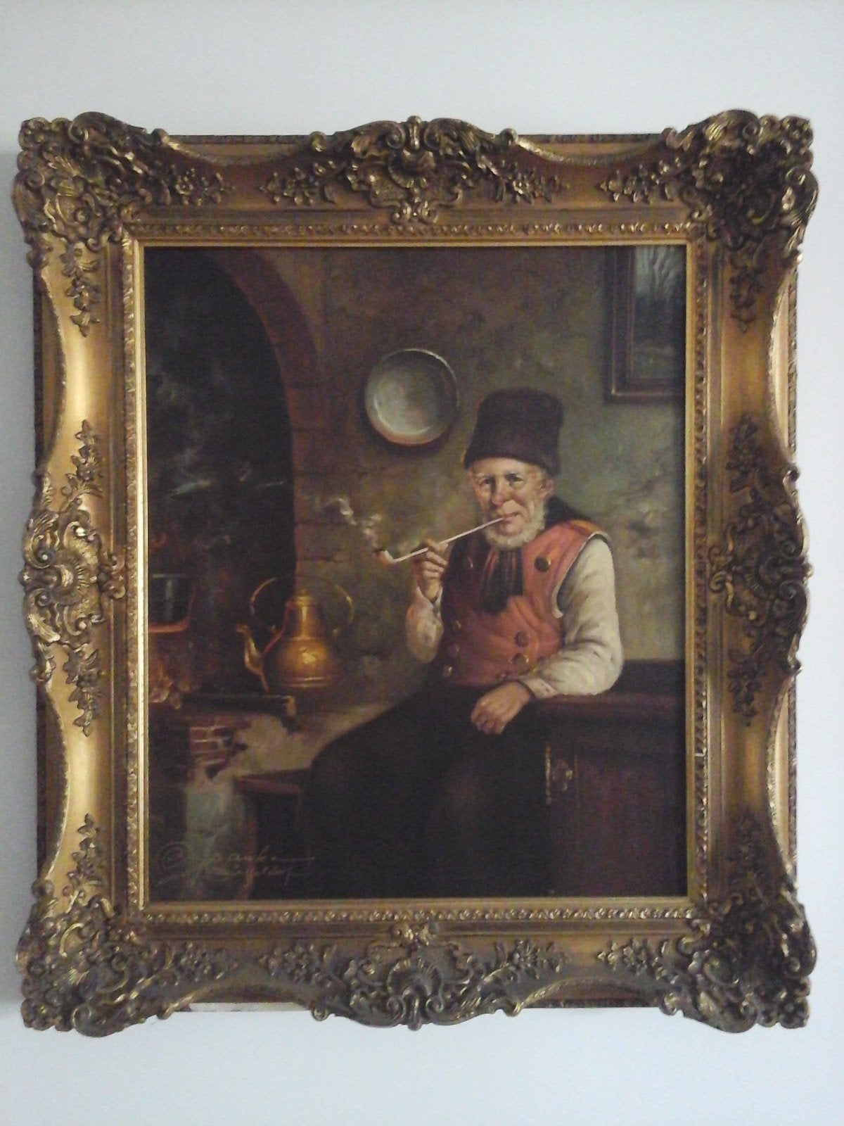 MOOI OUD SCHILDERIJ  " OUDE MAN MET PIJP " IN BAROKKE LIJST, Antiquités & Art, Art | Peinture | Classique, Enlèvement