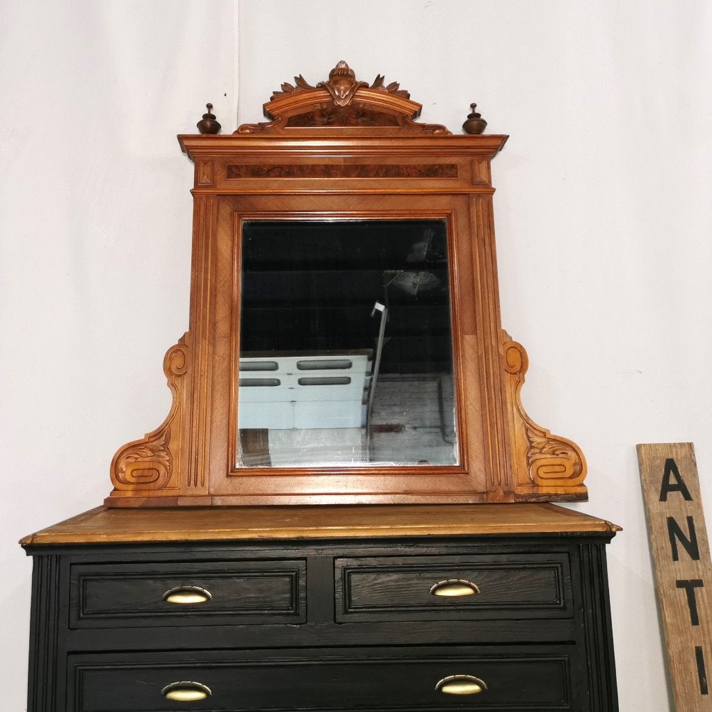 Grand miroir français ancien en noyer H 116 cm L 111 cm, Antiquités & Art, Enlèvement, Autres formes, 100 à 150 cm, 100 à 150 cm