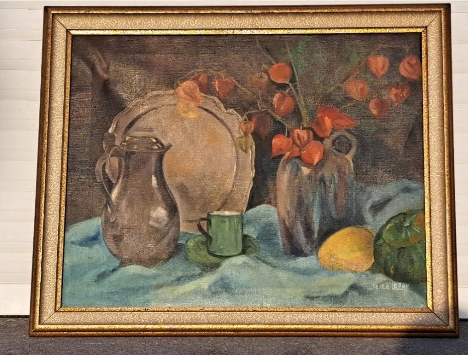 Huile sur toile nature morte signe josee lebon, Antiquités & Art, Enlèvement ou Envoi, Nature morte, Toile