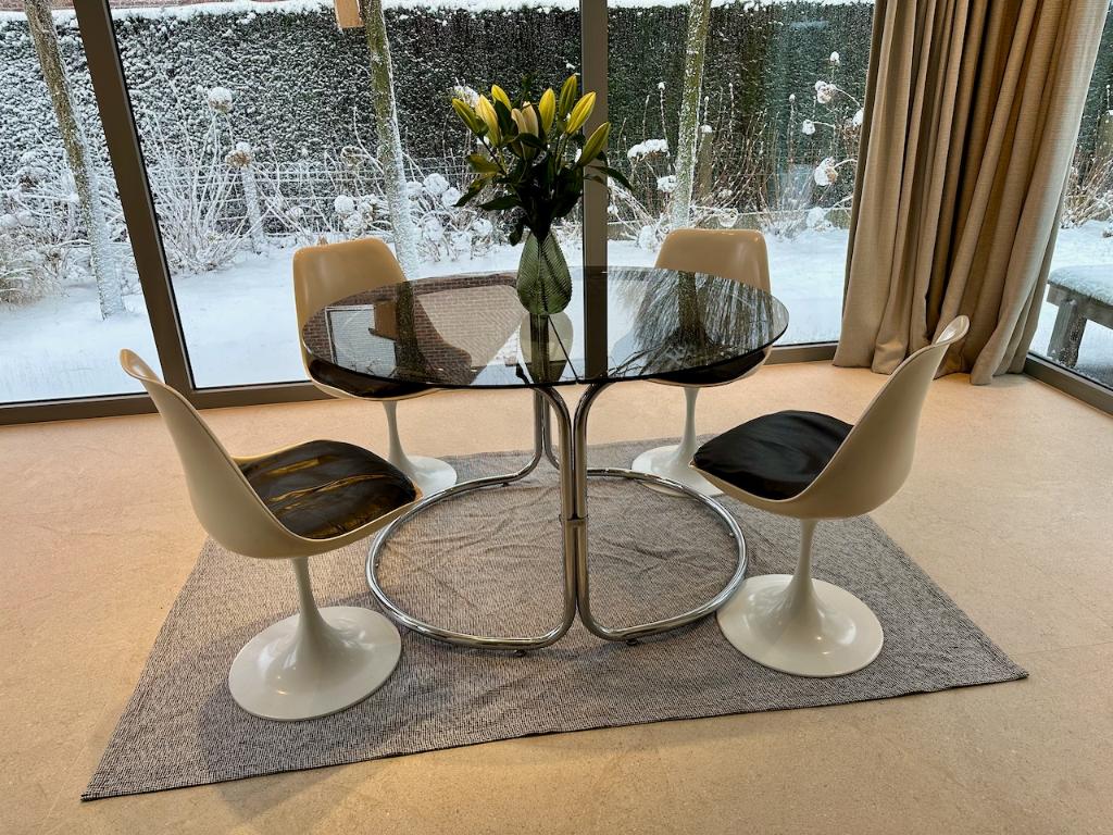 Vintage Space Age tafel met tubular onderstel - verlengbaar, Huis en Inrichting, Ophalen, Gebruikt, Glas