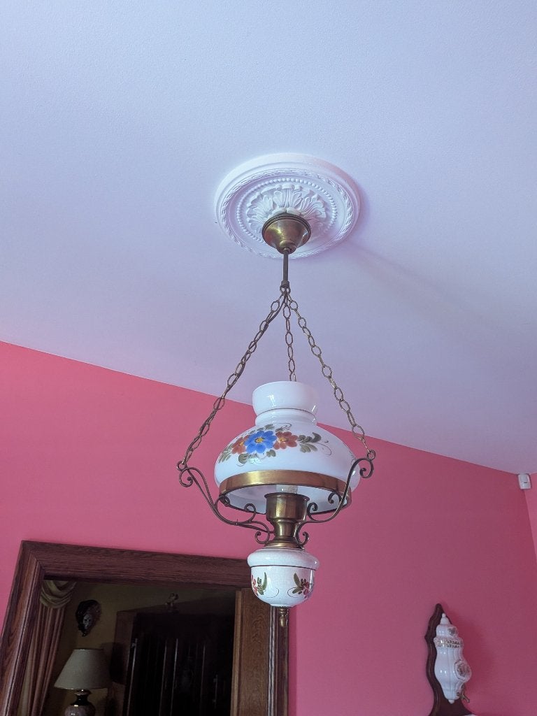 Lustre ancien style lampe à pétrole en opaline et laiton, Enlèvement