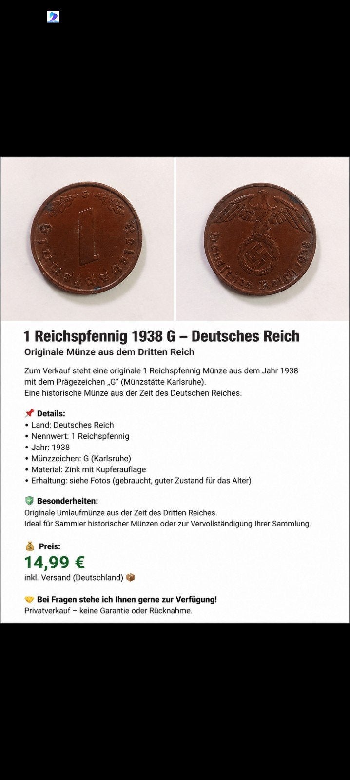 pièce de monnaie de l'Empire allemand, Enlèvement ou Envoi