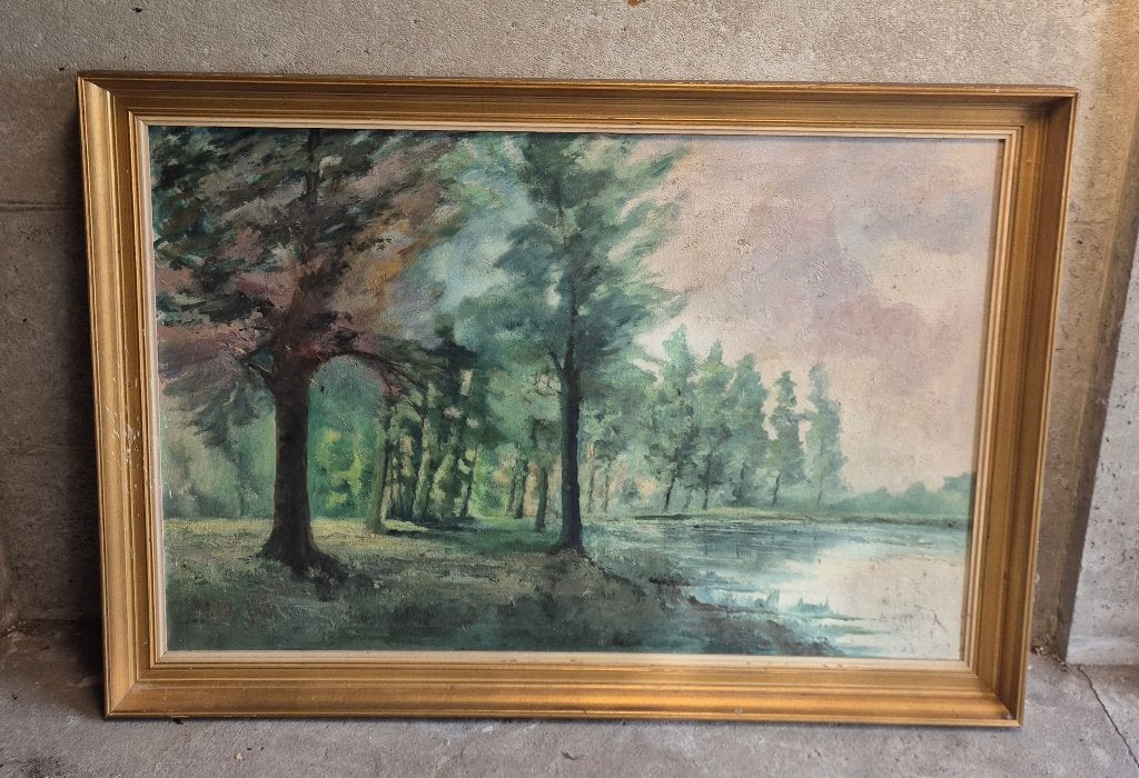 Schilderij landschap, Antiek en Kunst, Ophalen, Overige stijlen, Handgeschilderd, Doek