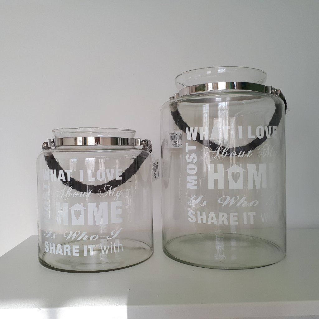 set van 2 grote glazen windlichten, Huis en Inrichting, Woonaccessoires | Kandelaars en Kaarsen, Ophalen, Windlicht, Wit, 34 cm