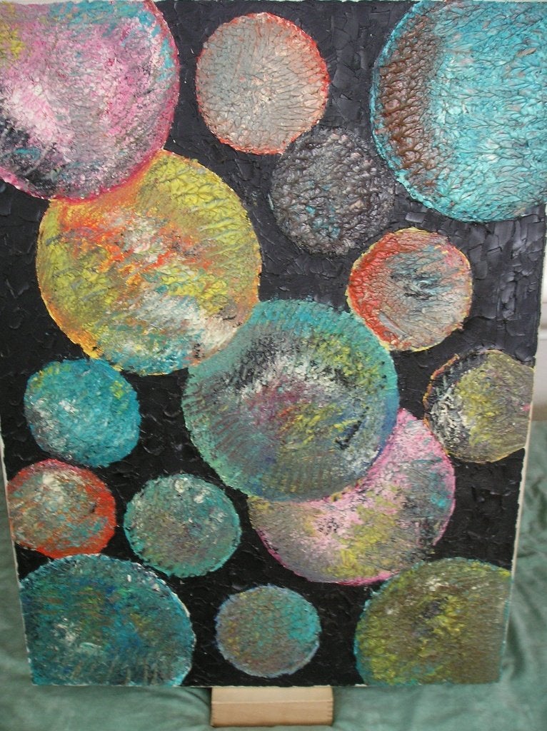 Kleurrijk modern schilderij van bollen of Planeten, Antiek en Kunst, Kunst | Schilderijen | Modern, Ophalen of Verzenden, Overige materialen