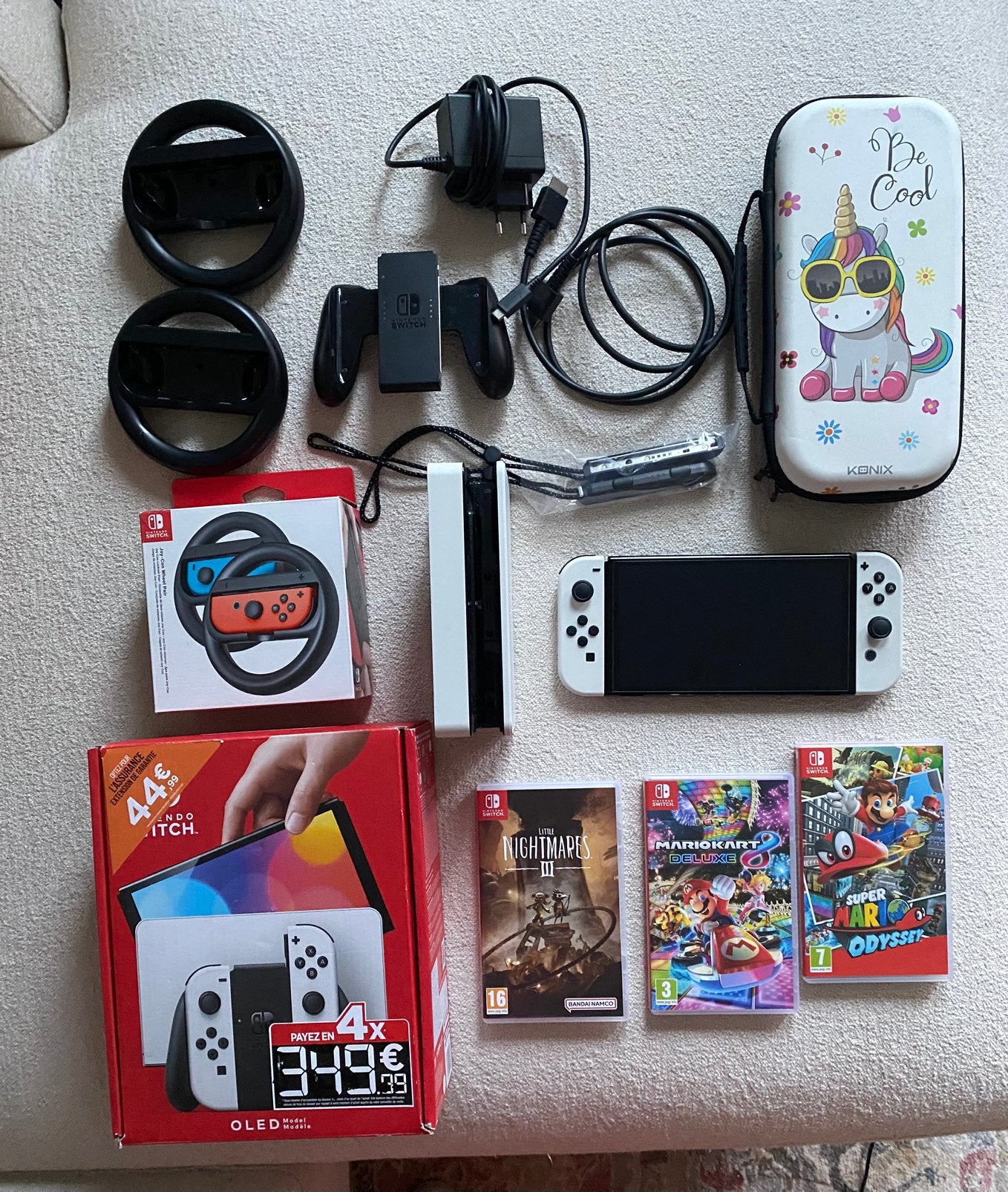 Pack Nintendo Switch OLED + 3 jeux + Accessoires, Games en Spelcomputers, Spelcomputers | Nintendo Switch, Zo goed als nieuw, Switch OLED