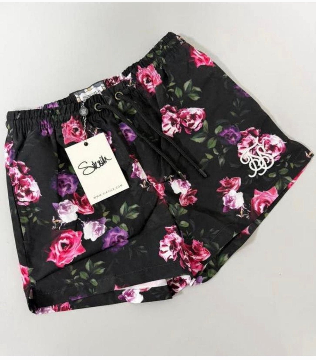 Short de bain peinture à l'huile en soie Sik, XS, fleurs, Enlèvement ou Envoi, Taille 46 (S) ou plus petite, Noir, Short de bain