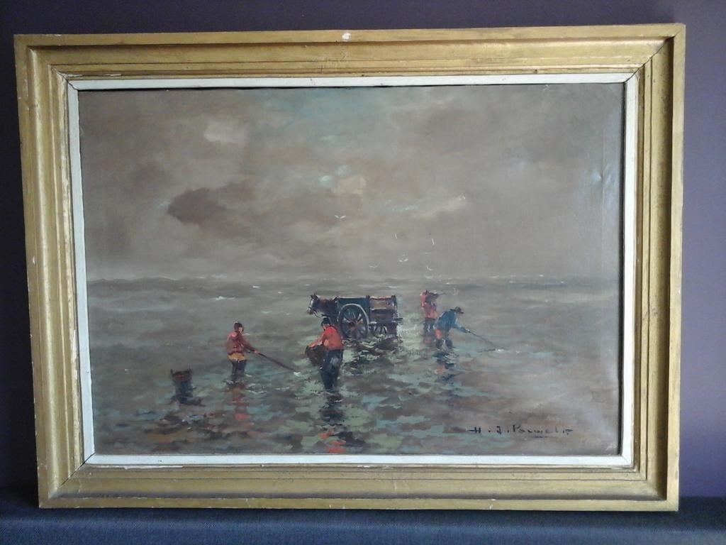 MOOI GROOT SCHILDERIJ VAN H J PAUWELS "DE SCHELPEN VISSERS", Antiek en Kunst, Ophalen