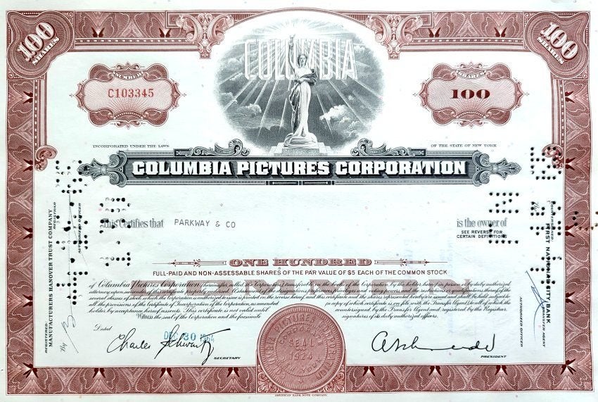 Origineel aandeel van Columbia Pictures uit 1964, Timbres & Monnaies, Actions & Titres, Certificat d'action, 1950 à 1970, Enlèvement ou Envoi