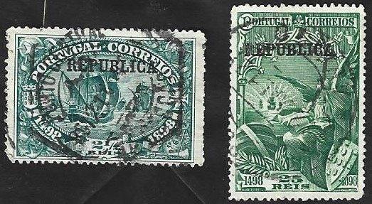 2 Postzegels Portugal 1911 Ontdekking zeewegREPUBLICA opdruk, Ophalen of Verzenden, Portugal, Gestempeld