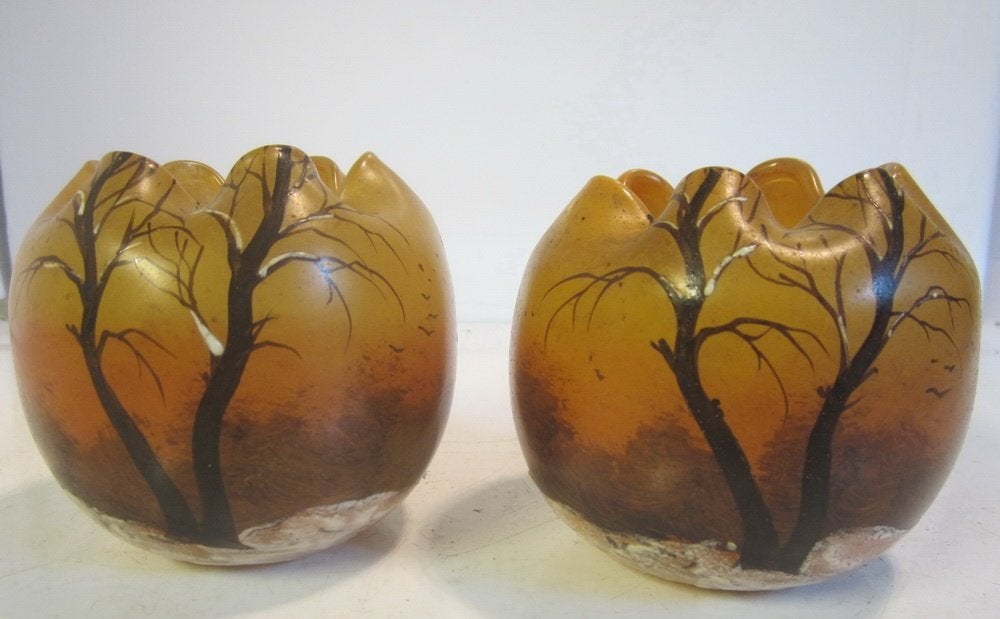 2 mini vases Legras anciens, paysage hivernal, émail, Antiquités & Art, Enlèvement ou Envoi