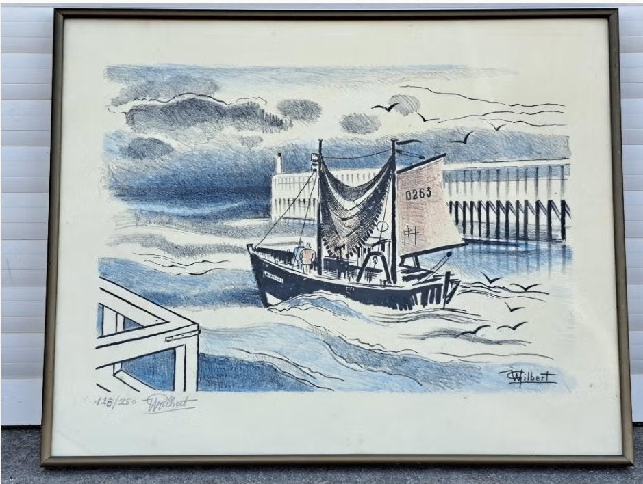 lithographie bateau signe willy gilbert, Antiek en Kunst, Ophalen of Verzenden, Lithografie