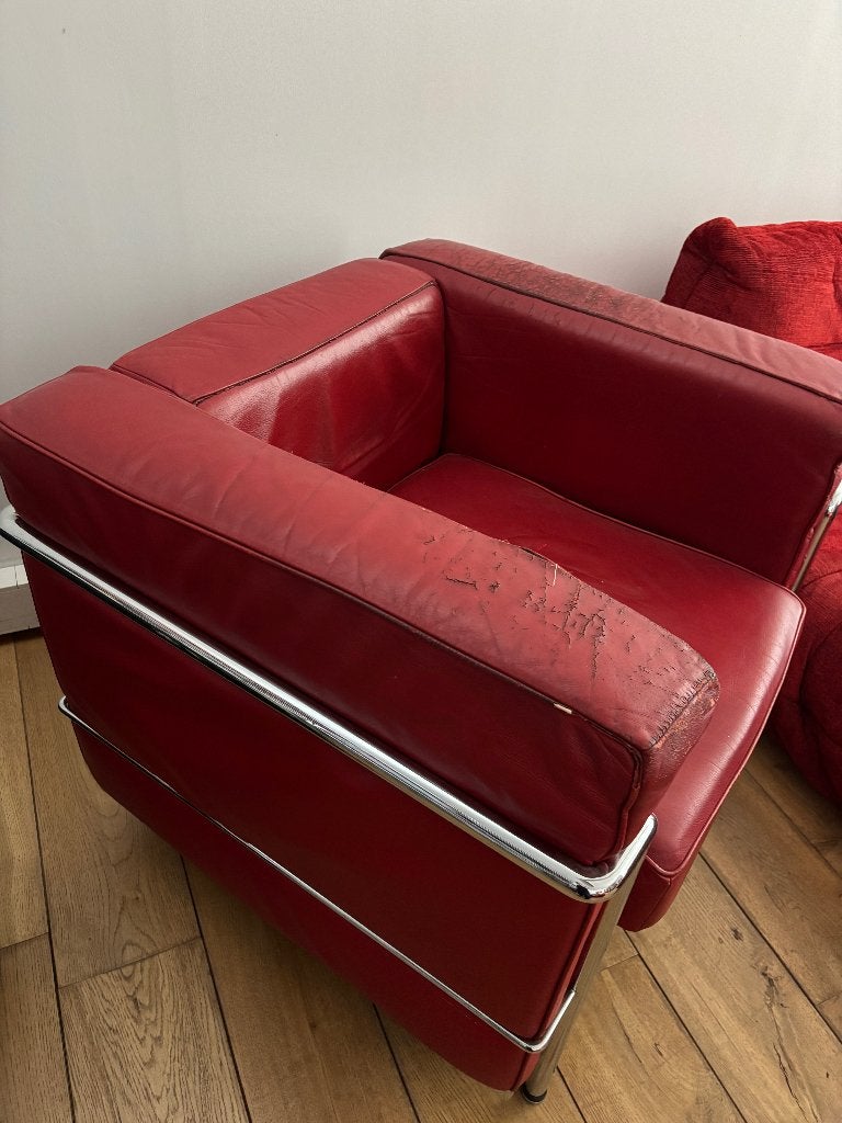 Vintage Cassina LC2 fauteuil Le Corbusier replica  rood leer, Huis en Inrichting, Ophalen, Gebruikt, 75 tot 100 cm, 75 tot 100 cm