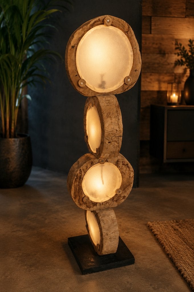 Design houten vloerlamp, Enlèvement, Utilisé, Verre, 150 à 200 cm