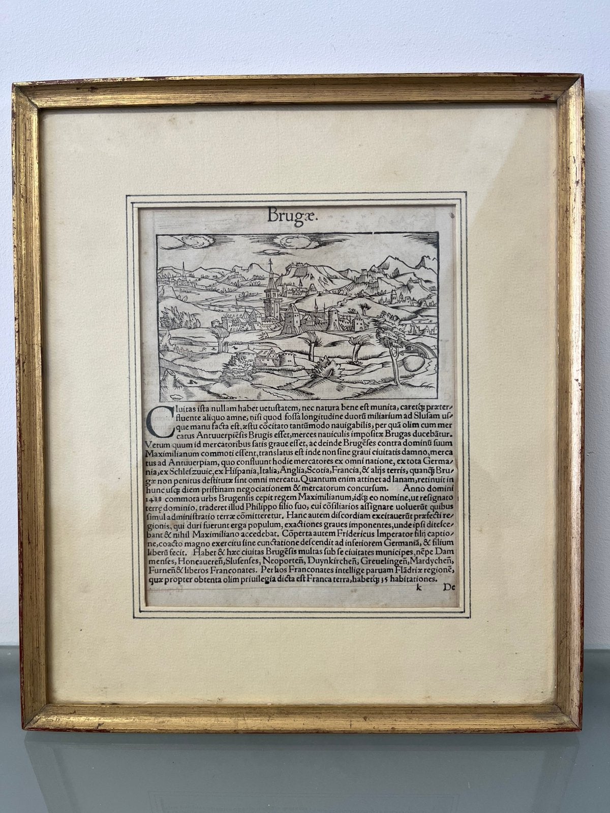Gravure sur bois ancienne Bruges « Brugae », Enlèvement ou Envoi, Vue urbaine, Gravure sur bois