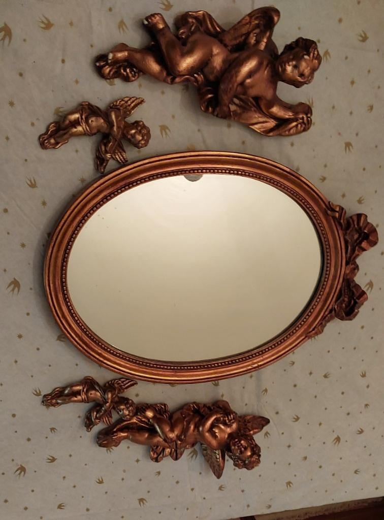 ancien miroir avec anges, Antiquités & Art, Enlèvement, Ovale, Moins de 50 cm, Moins de 100 cm
