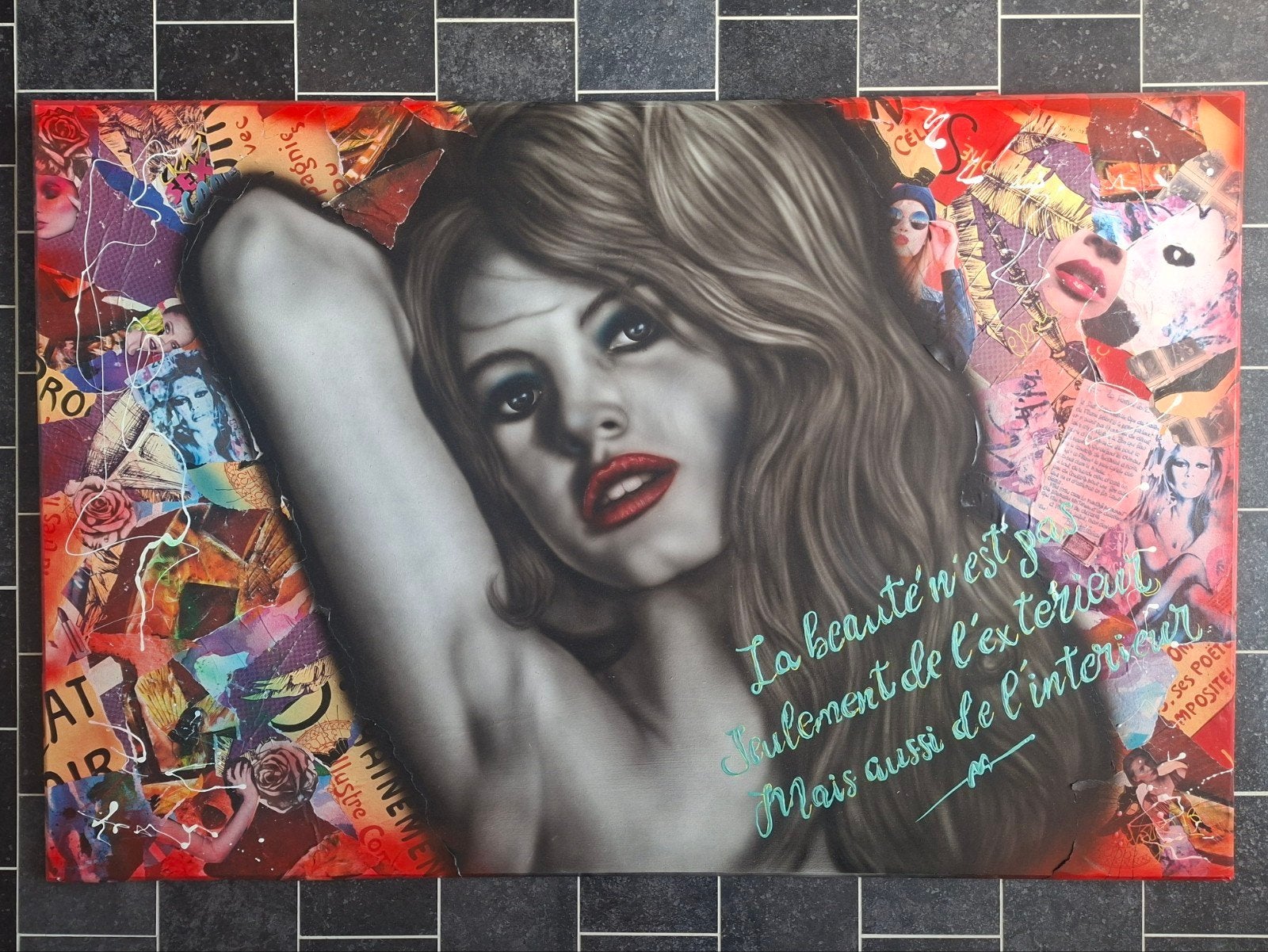 Mooi groot werk Brigitte Bardot van Embrush., Antiek en Kunst, Kunst | Schilderijen | Modern, Ophalen, Gesigneerd