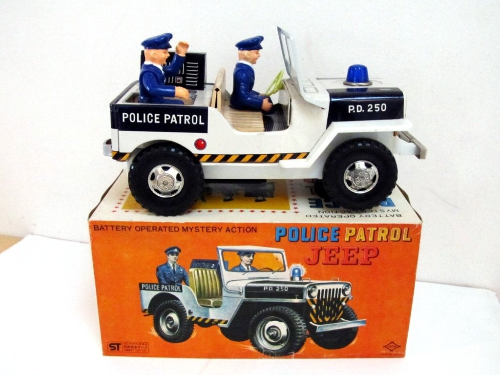 Police Patrol Jeep Willy's Daiya Japan Mystery Action Blik, Overige merken, Auto, Groter dan 1:32, Ophalen of Verzenden