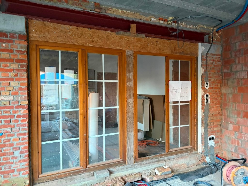 2 ramen + deur, Doe-het-zelf en Bouw, Ophalen, Gebruikt, 80 tot 100 cm, Buitendeur