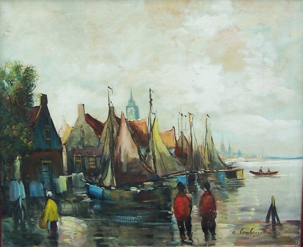 De haven van Volendam, Doek, Impressionistisch, Ophalen of Verzenden, Stads- / dorpsgezicht