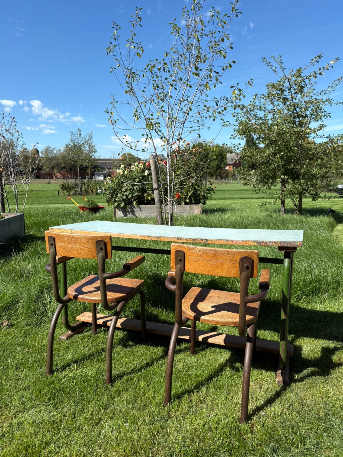 Retro schoolbank peuter, Tuin en Terras, Ophalen, Zo goed als nieuw