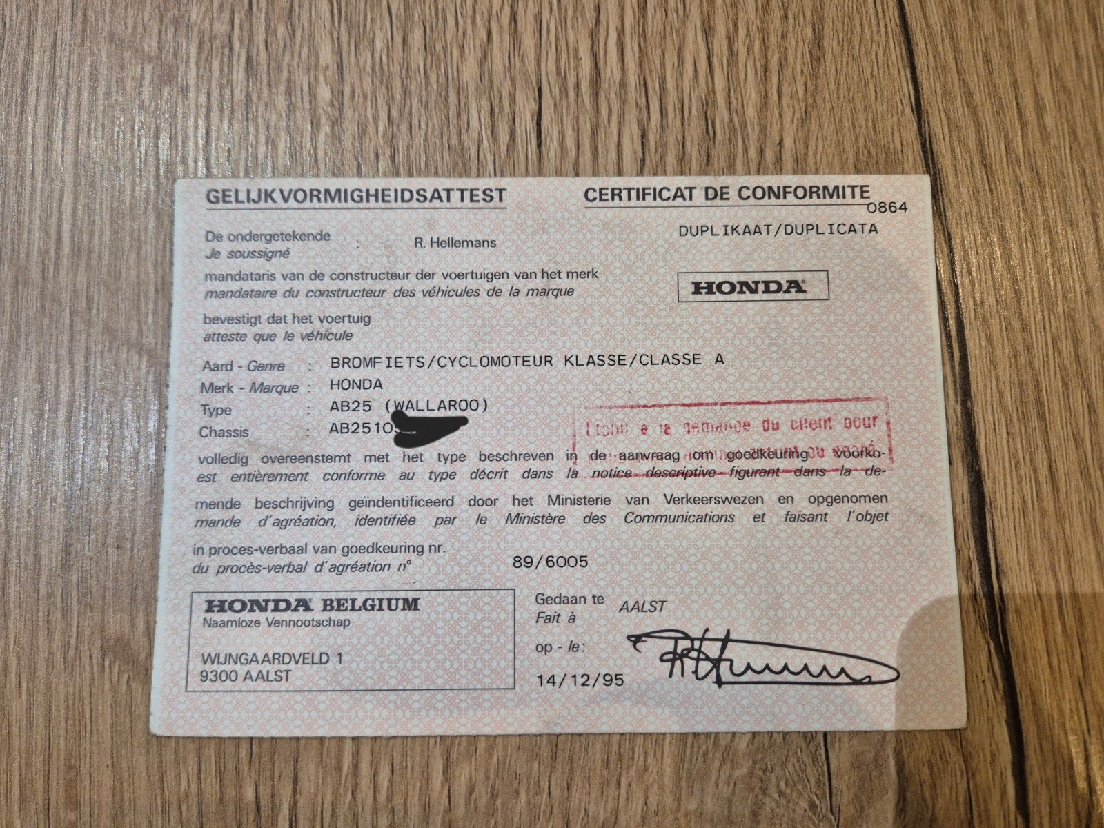 Certificat de conformité Honda Wallaroo, Enlèvement ou Envoi