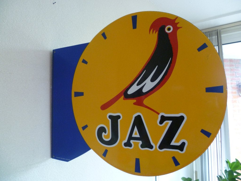 EMAILLE DUBBELZIJDIG RECLAMEBORD"JAZ REVEILS"UIT JAREN 60, Ophalen of Verzenden, Zo goed als nieuw, Reclamebord