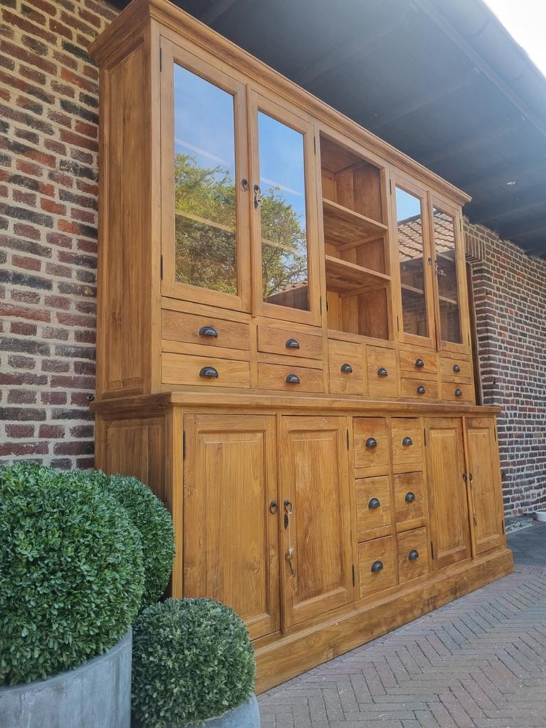 Teak buffetkast/vitrinekast GRATIS LEVERING, Huis en Inrichting, Kasten | Buffetkasten, Zo goed als nieuw, 200 cm of meer, 200 cm of meer