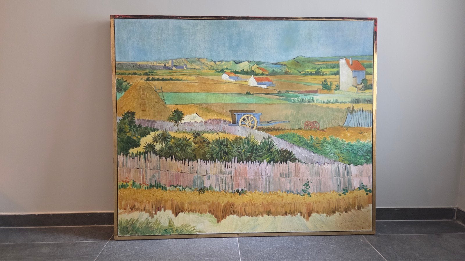 Peinture à l'huile R. De Stuyver 1959 — Période de récolte, Antiquités & Art, Peinture à l'huile, Daté, Paysage, Enlèvement