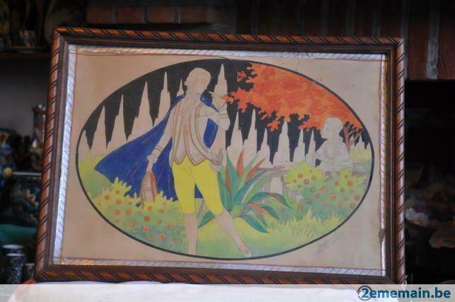 dessin dans encadrement en bois sculpté