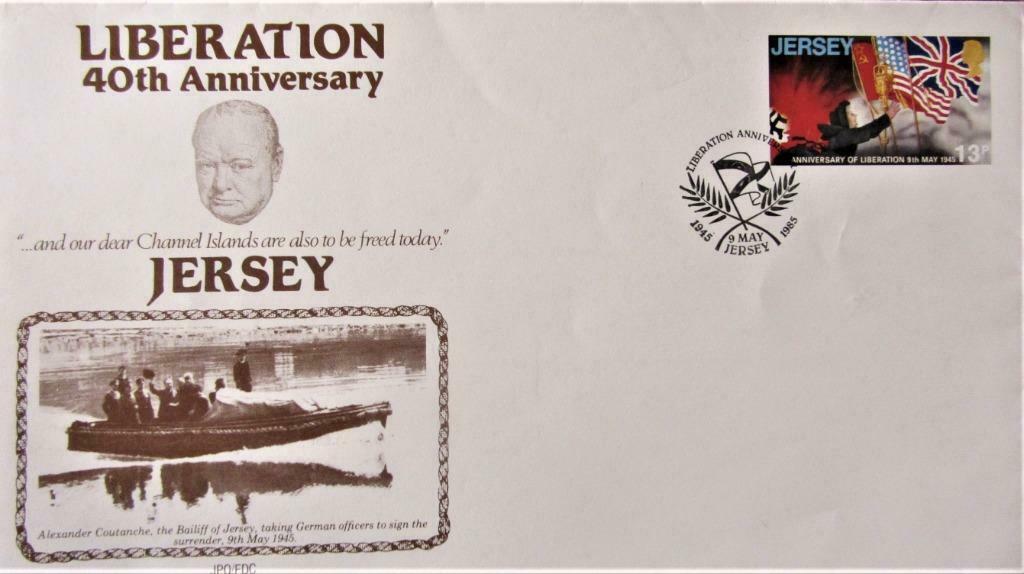 FDC- JERSEY- 50e VERJAARDAG BEVRIJDING- WINSTON CHURCHILL, Postzegels en Munten, Ophalen of Verzenden, Gestempeld, Overige thema's