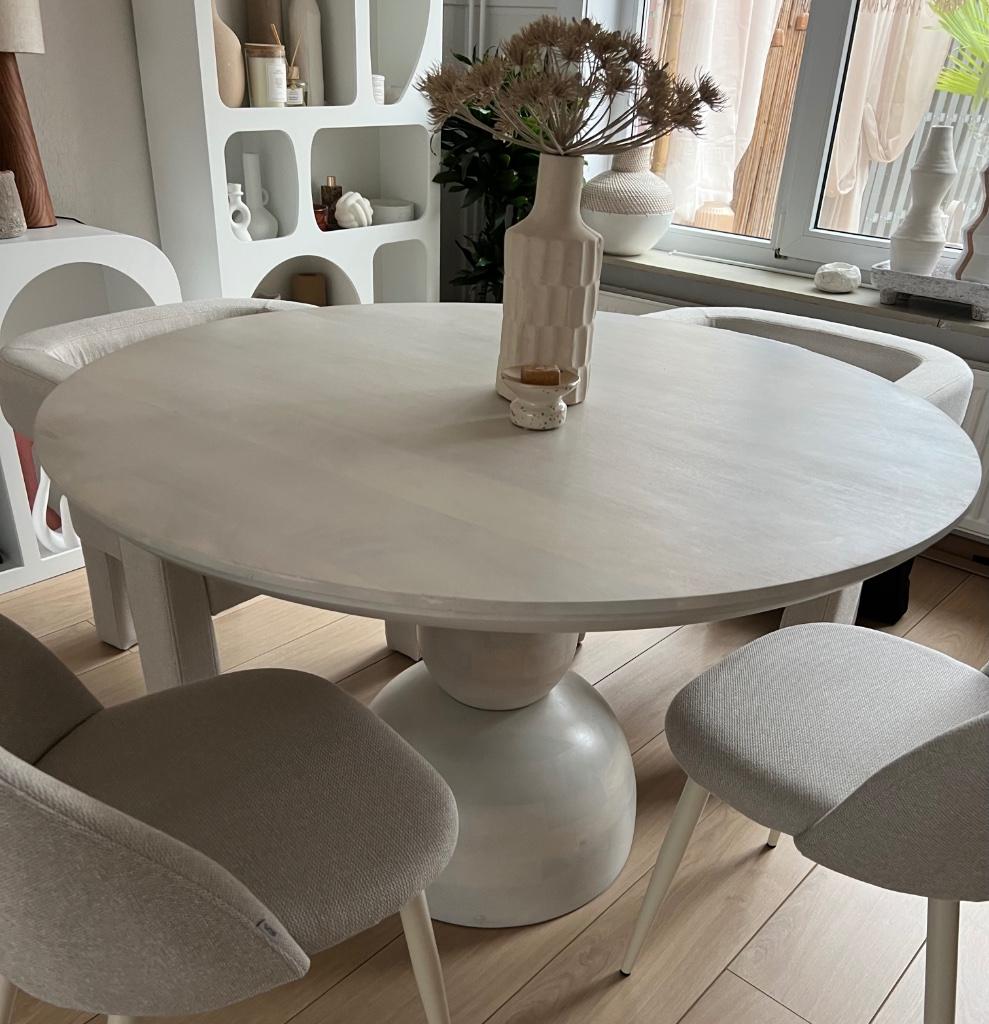 Table ronde en bois exotique (blanc cerusé), Maison & Meubles, Tables | Tables de salon, Neuf, 100 à 150 cm, 100 à 150 cm, Rond