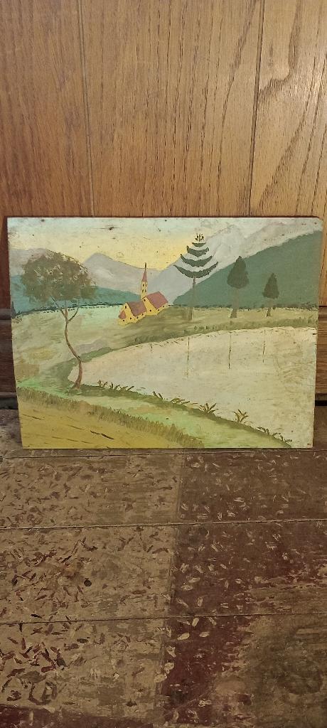 Tableau naïf paysage montagne peinture sur bois 30x23, n145, Antiquités & Art, Enlèvement ou Envoi, Vintage, Paysage, Panneau
