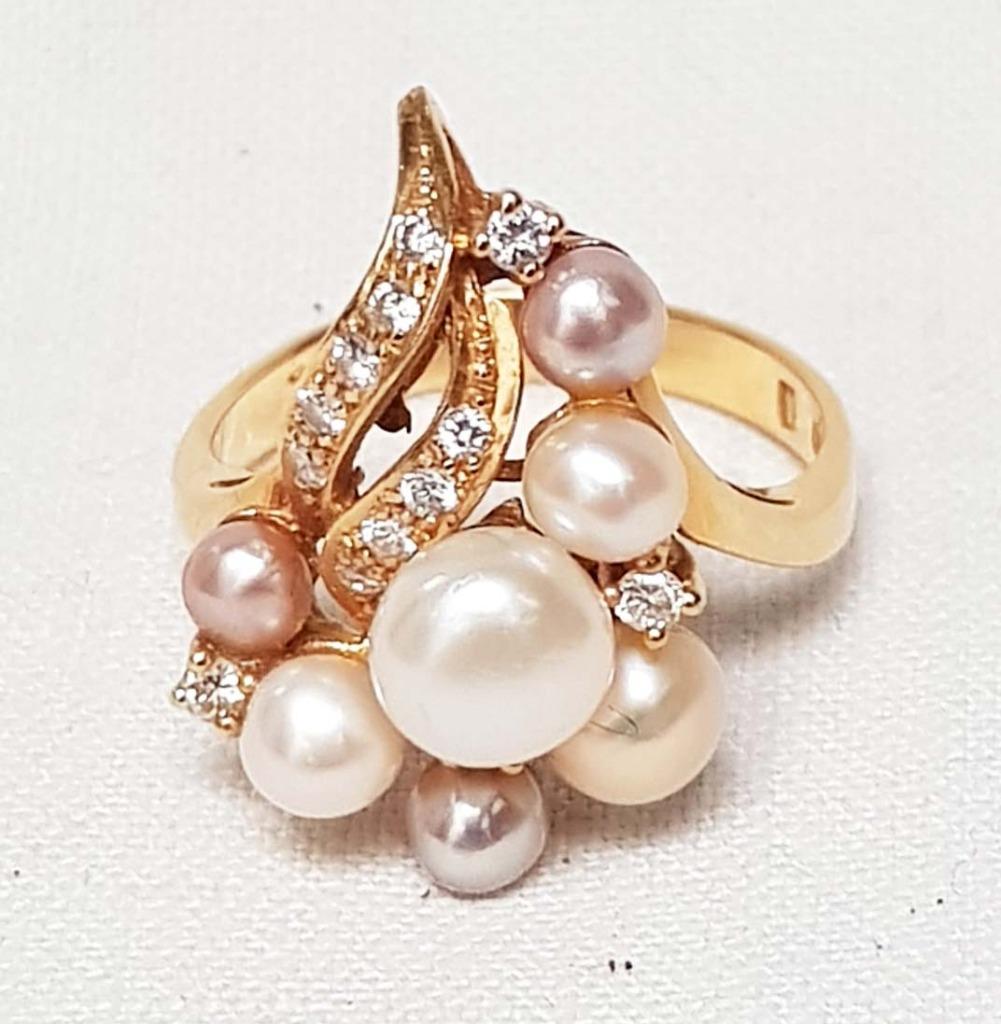 Bague en perles diamantées 18 carats., Enlèvement ou Envoi, Or, Bague, Avec pierre précieuse