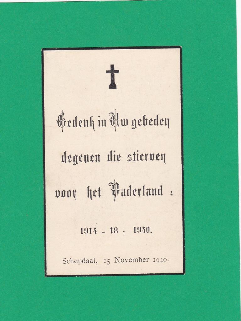 Oorlogherdenking Schepdaal 1914 -1918 en 1940, Verzenden, Bidprentje