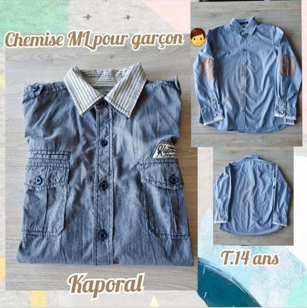 Chemise ML pour garçon -Kaporal-bleu/gris-T.14 ans, Gebruikt, Overhemd of Blouse, Ophalen of Verzenden, Kaporal