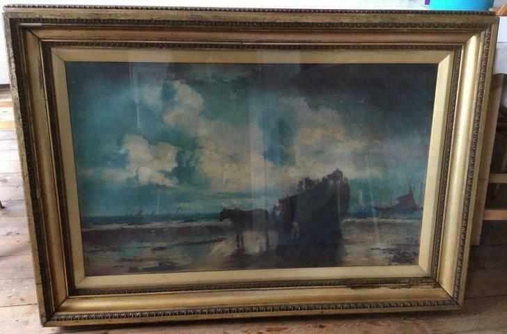 Pastel in kader met vissers aan zee gesigneerd Harden 1895, Ophalen