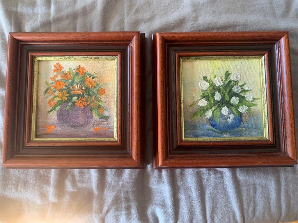 2 schilderijtjes met bloemen, Antiek en Kunst, Ophalen