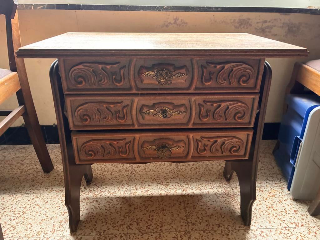 Vintage Naaikastje 3 lades bruin hout, Ophalen, Minder dan 50 cm, Gebruikt, Vintage jaren 1940