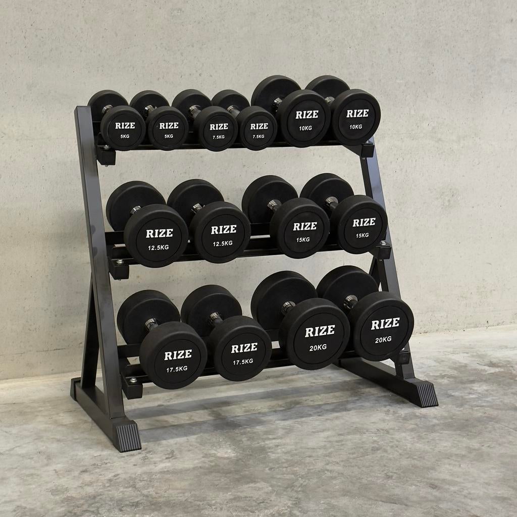 Haltères en caoutchouc RIZE 5—20 kg + support, Enlèvement ou Envoi, Neuf, Bras, Haltère