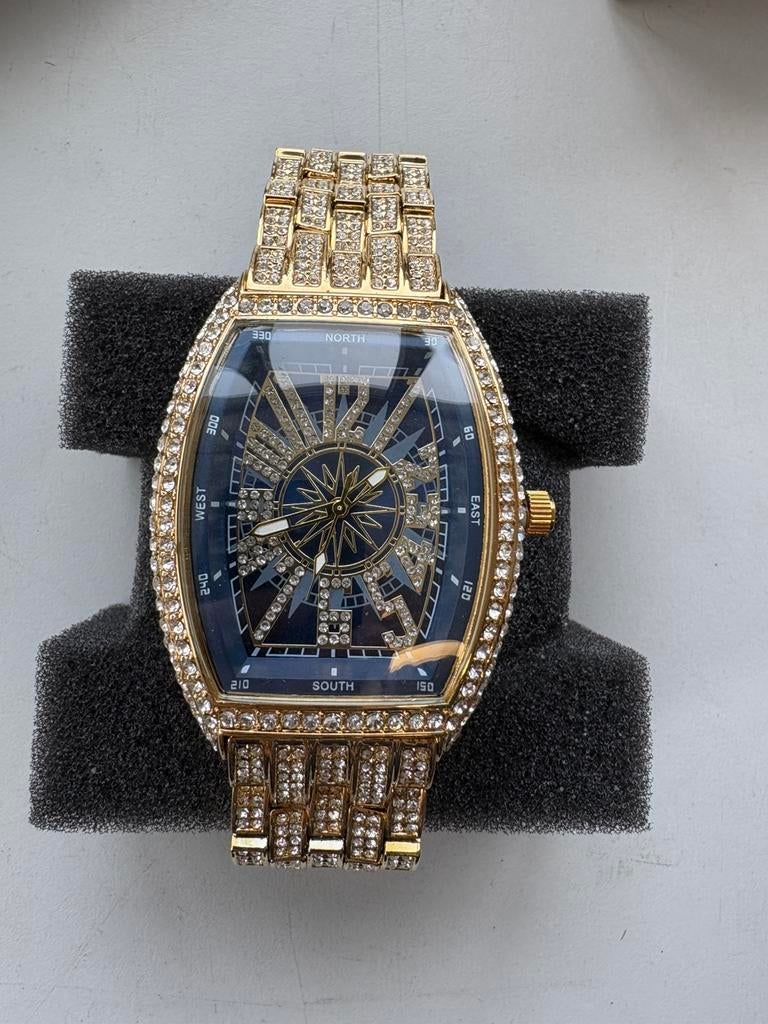 (*) Luxe Goudkleurig Bling Herenhorloge met Strass – Nieuw, Envoi, Comme neuf, Or