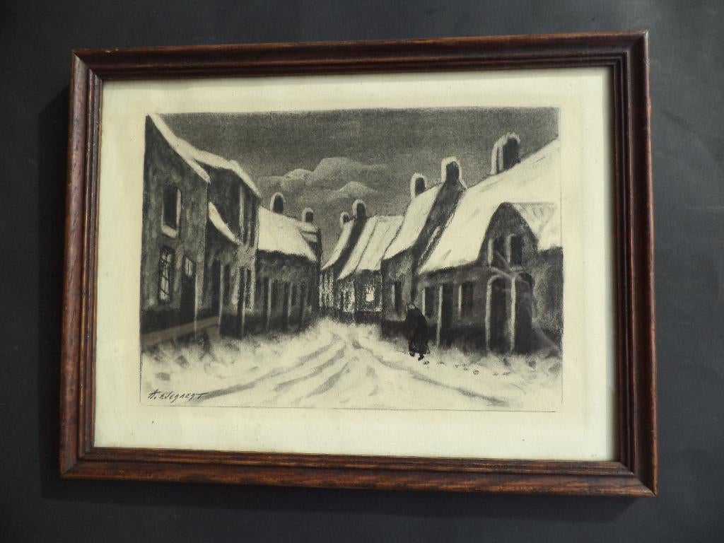 Everaert tekening houtskool potlood ingesneeuwde dorpsstraat, Antiek en Kunst, Ophalen of Verzenden