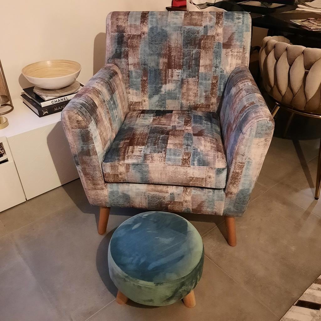 Vintage design zetel met poef en kussens., Ophalen