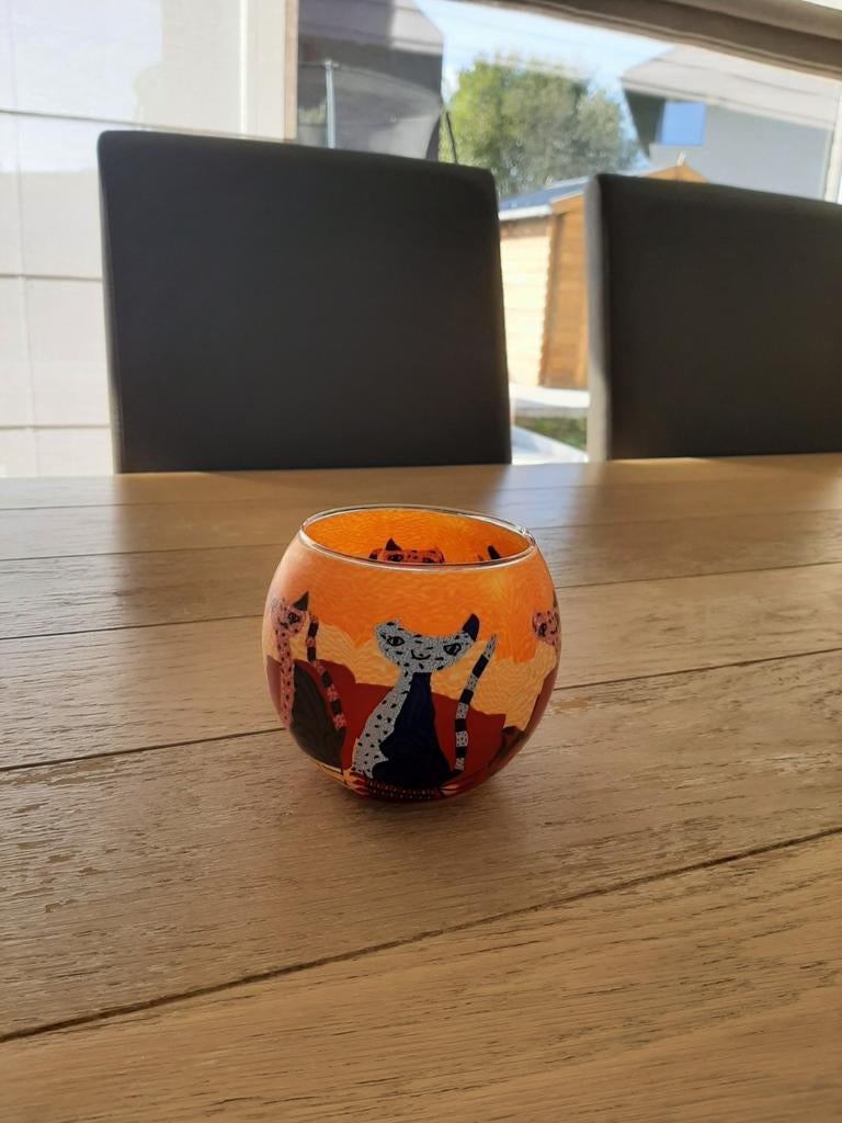Oranje glazen theelicht houder met geschilderde poezen, Ophalen, Zo goed als nieuw, Glas, Minder dan 50 cm