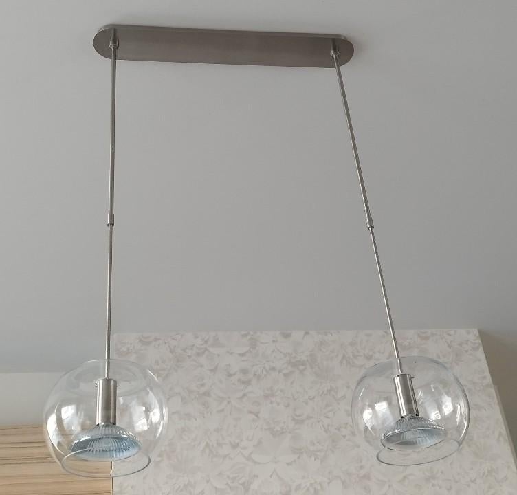 Lampe suspendue en acier inoxydable, dimmable, 2 X 75 watts., Enlèvement, Comme neuf, Verre, Modern