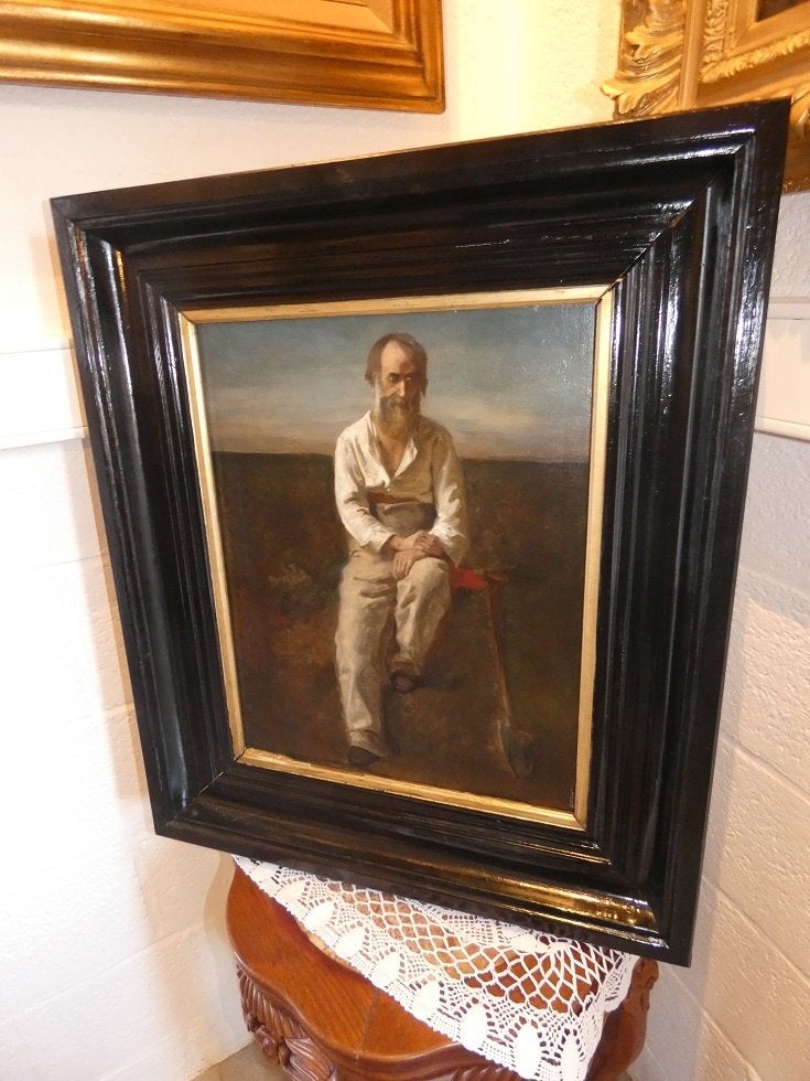 Panneau du XIXe siècle « Fermier au repos », Antiquités & Art, Art | Peinture | Classique, Portrait ou Personnes, Peinture à l'huile