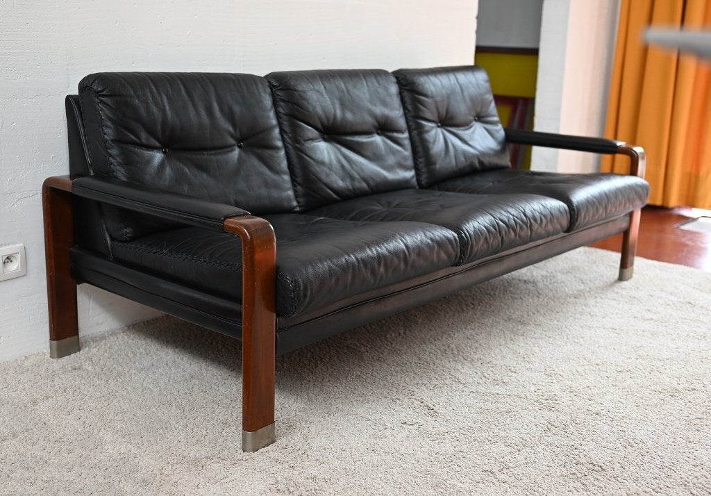 Canapé scandinave 3 places en cuir noir, Maison & Meubles, Canapés | Salons, Utilisé, Trois personnes, 150 à 200 cm, 75 à 100 cm