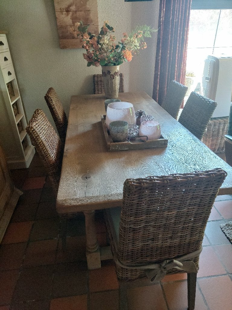 Tafel massief eik en gezandstraald + 6  stoelen met  kussens, Comme neuf, Landelijk, Enlèvement, 50 à 100 cm