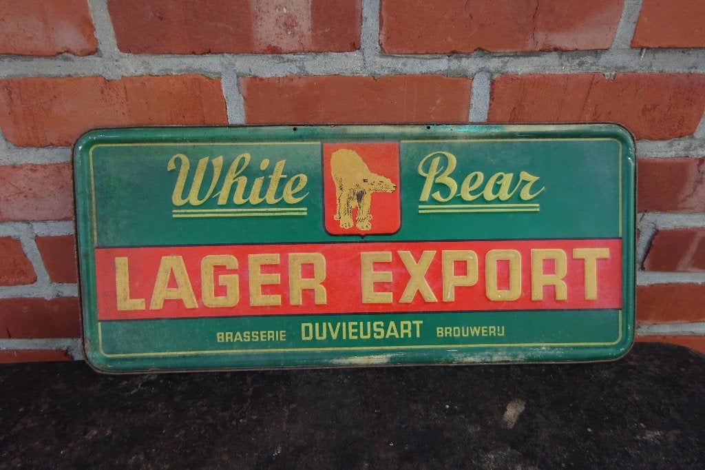 Brasserie Duvieusart White bear lager export de 1947, Enlèvement, Utilisé, Panneau publicitaire