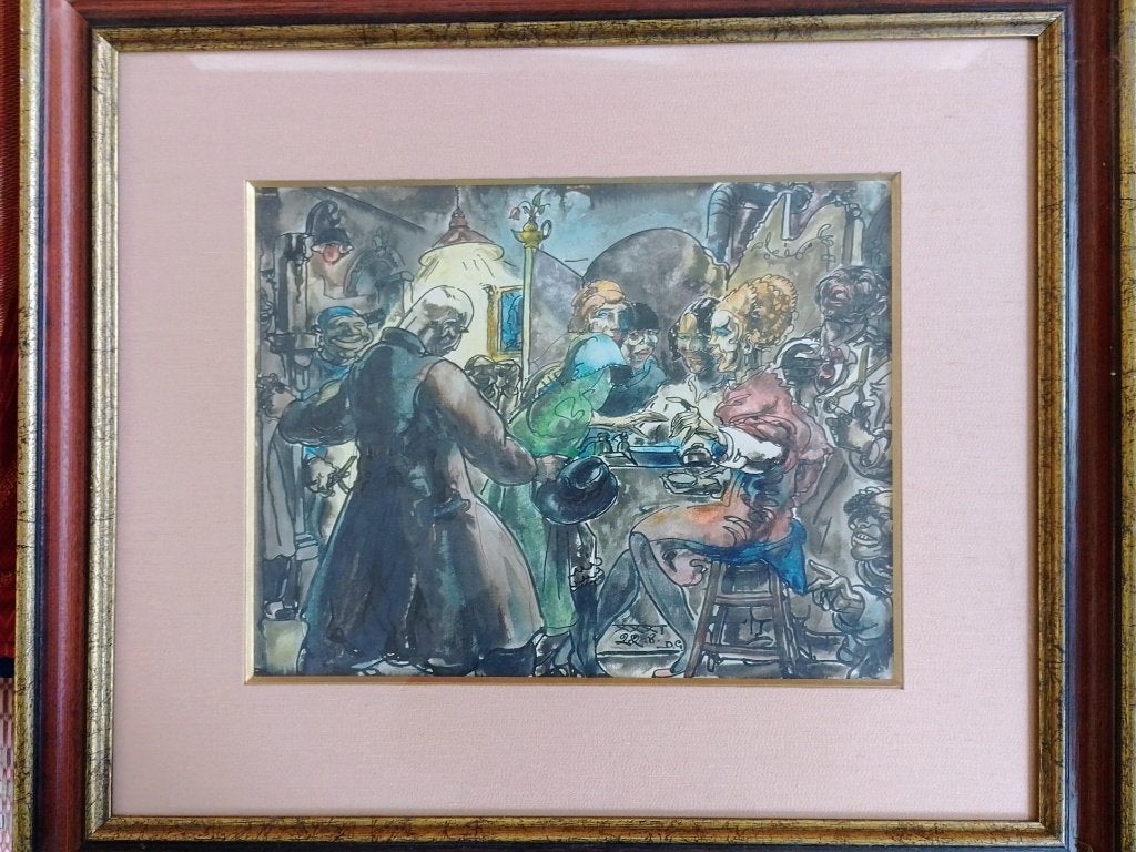 Alfred Ost  1884 - 1945  Geanimeerd gezelschap, Antiek en Kunst, Verzenden, Gedateerd, Aquarel